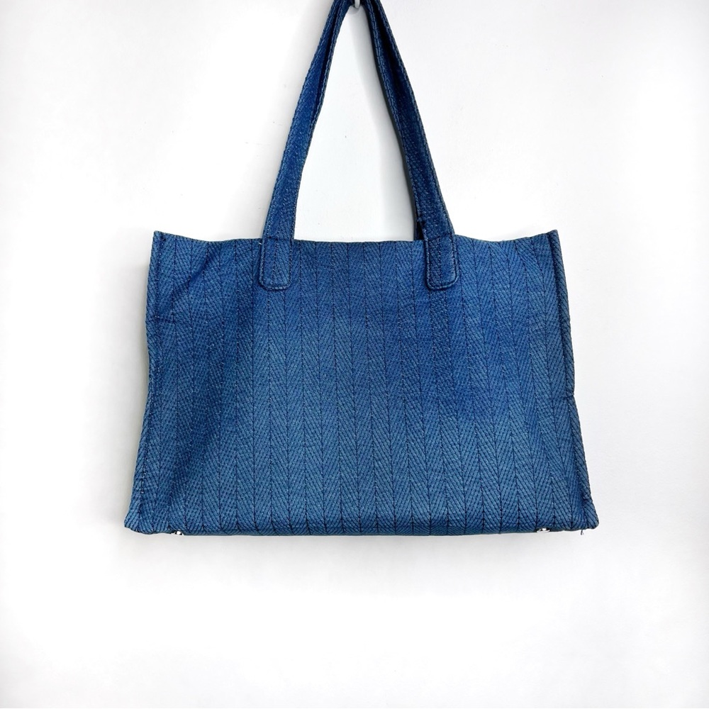 Zara Blue Denim Zig Zag Topstitch 2 Piece Tote Bag
